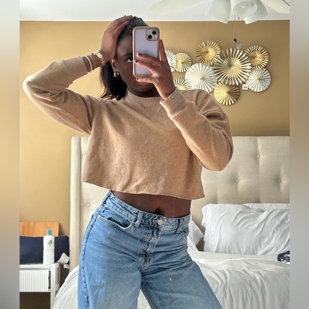 Zara Women's Beige Long Sleeve Cropped Top